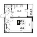 Планировка 1-комнатной квартиры, 43,3 м2