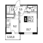 Планировка 1-комнатной квартиры, 34,5 м2