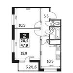 Планировка 2-комнатной квартиры, 48,2 м2