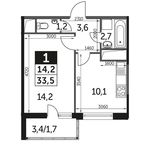 Планировка 1-комнатной квартиры, 33,9 м2