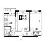 Планировка 2-комнатной квартиры, 54,9 м2