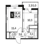 Планировка 1-комнатной квартиры, 35 м2