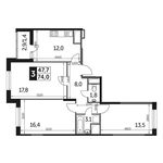 Планировка 3-комнатной квартиры, 74,9 м2