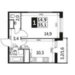 Планировка 1-комнатной квартиры, 35,6 м2