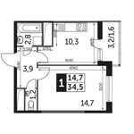 Планировка 1-комнатной квартиры, 35,1 м2