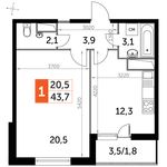 Планировка 1-комнатной квартиры, 43,7 м2