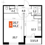 Планировка 1-комнатной квартиры, 44,2 м2