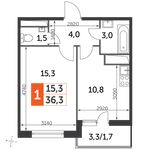 Планировка 1-комнатной квартиры, 36,2 м2