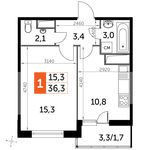Планировка 1-комнатной квартиры, 36,3 м2