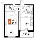 Планировка 1-комнатной квартиры, 40,5 м2
