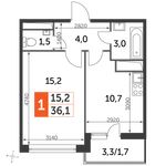 Планировка 1-комнатной квартиры, 36 м2