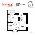 Планировка 1-комнатной квартиры, 33,9 м2