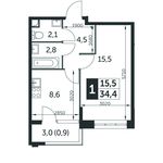 Планировка 1-комнатной квартиры, 34,4 м2