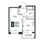 Планировка 1-комнатной квартиры, 33,5 м2