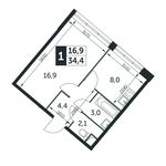 Планировка 1-комнатной квартиры, 34,4 м2