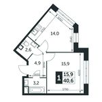 Планировка 1-комнатной квартиры, 40,6 м2