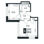 Планировка 1-комнатной квартиры, 38,6 м2
