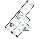 Планировка 2-комнатной квартиры, 55,4 м2