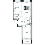Планировка 2-комнатной квартиры, 60 м2