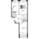 Планировка 2-комнатной квартиры, 58,7 м2