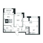 Планировка 3-комнатной квартиры, 60,9 м2