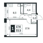 Планировка 1-комнатной квартиры, 33,5 м2