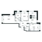 Планировка 3-комнатной квартиры, 75,1 м2