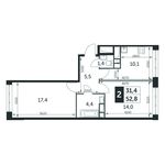Планировка 2-комнатной квартиры, 52,8 м2