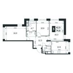Планировка 3-комнатной квартиры, 74,9 м2