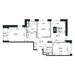 Планировка 3-комнатной квартиры, 73,1 м2