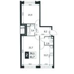 Планировка 2-комнатной квартиры, 61,7 м2