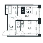 Планировка 1-комнатной квартиры, 34,1 м2