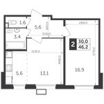 Планировка 2-комнатной квартиры, 46,1 м2