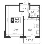 Планировка 1-комнатной квартиры, 36,2 м2