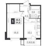 Планировка 1-комнатной квартиры, 34,8 м2