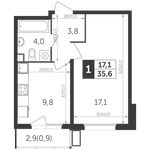 Планировка 1-комнатной квартиры, 35,6 м2