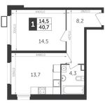 Планировка 1-комнатной квартиры, 40,5 м2