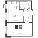 Планировка 2-комнатной квартиры, 44,8 м2