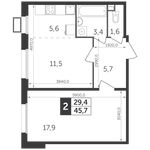 Планировка 2-комнатной квартиры, 45,7 м2