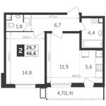 Планировка 2-комнатной квартиры, 46,4 м2
