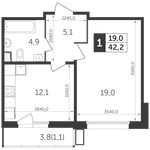 Планировка 1-комнатной квартиры, 42,2 м2