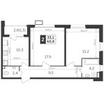 Планировка 2-комнатной квартиры, 60,8 м2