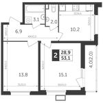 Планировка 2-комнатной квартиры, 53,1 м2