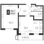 Планировка 2-комнатной квартиры, 44,5 м2