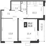 Планировка 2-комнатной квартиры, 53,5 м2
