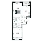 Планировка 2-комнатной квартиры, 55,6 м2