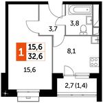 Планировка 1-комнатной квартиры, 32,6 м2