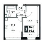 Планировка 1-комнатной квартиры, 36,1 м2