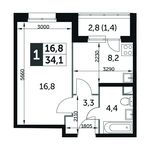 Планировка 1-комнатной квартиры, 34,1 м2