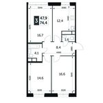 Планировка 3-комнатной квартиры, 74,4 м2